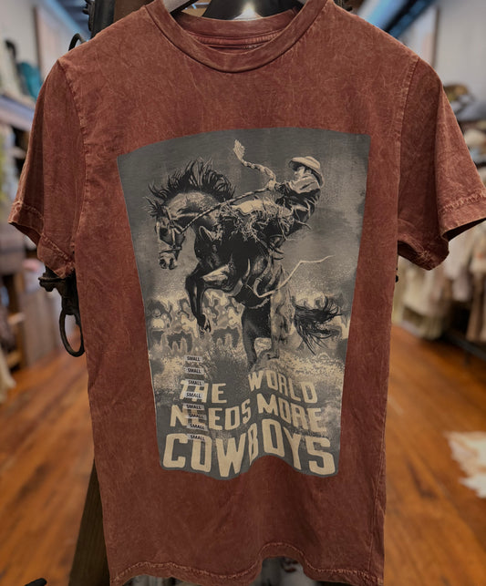 The World Needs More Cowboys - Maroon Acid Wash Tee