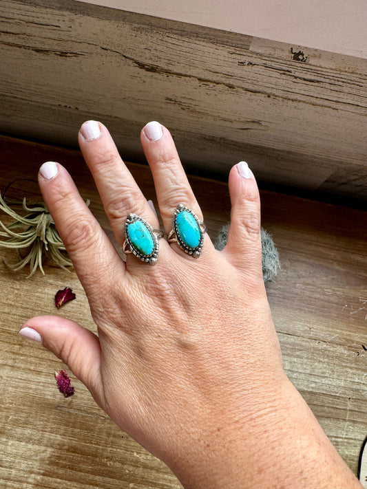 Ring size 7 & 8.5- long kingman turquoise and sterling silver