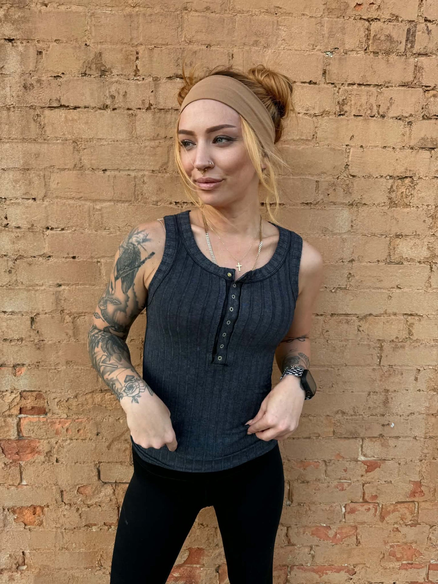 Acid Wash Henley Tank - Ash Black *Door Buster*