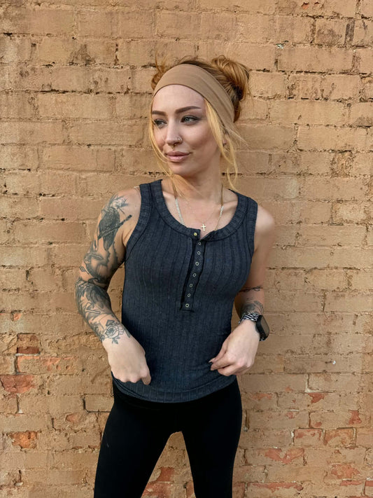 Acid Wash Henley Tank - Ash Black *Door Buster*