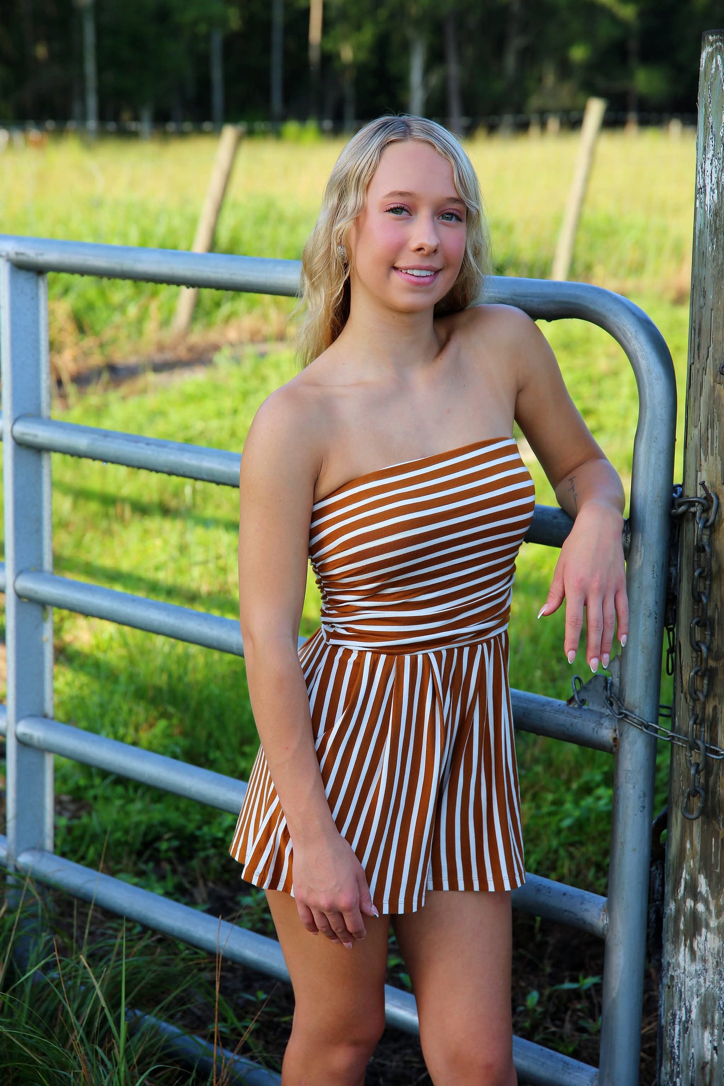Falling in Love – Camel Stripe Tube Top Romper