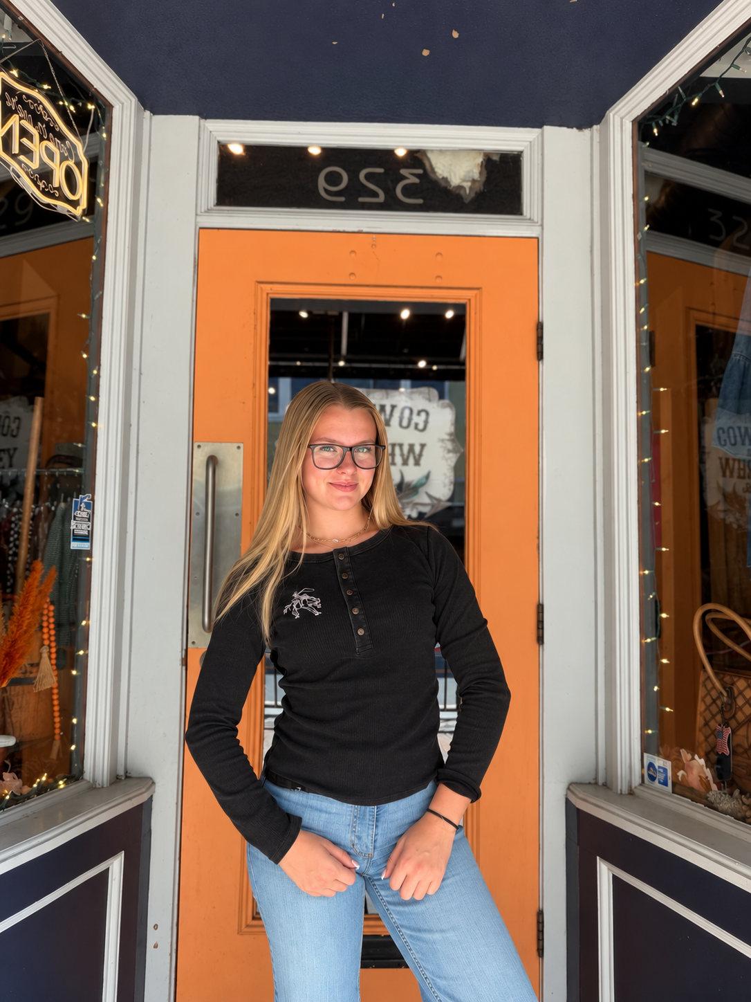 Midnight Cowboy – Black Embroidered Henley Top