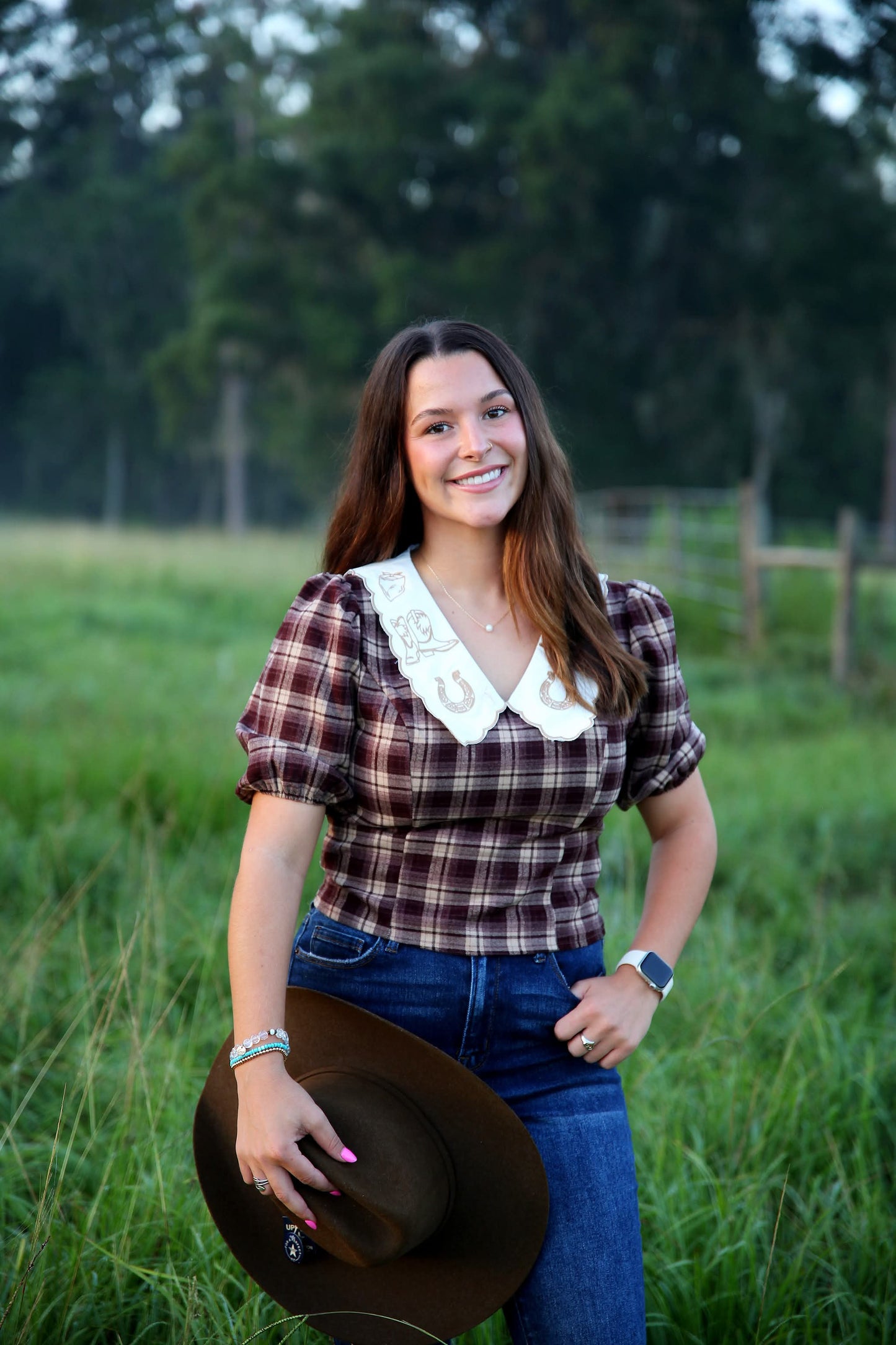 Rustic Saddle – Brown Plaid Peter Pan Collar Top