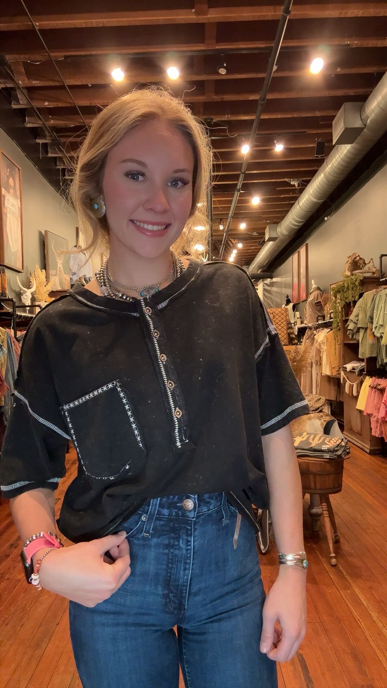 Night Coastline - Black Acid Wash Top