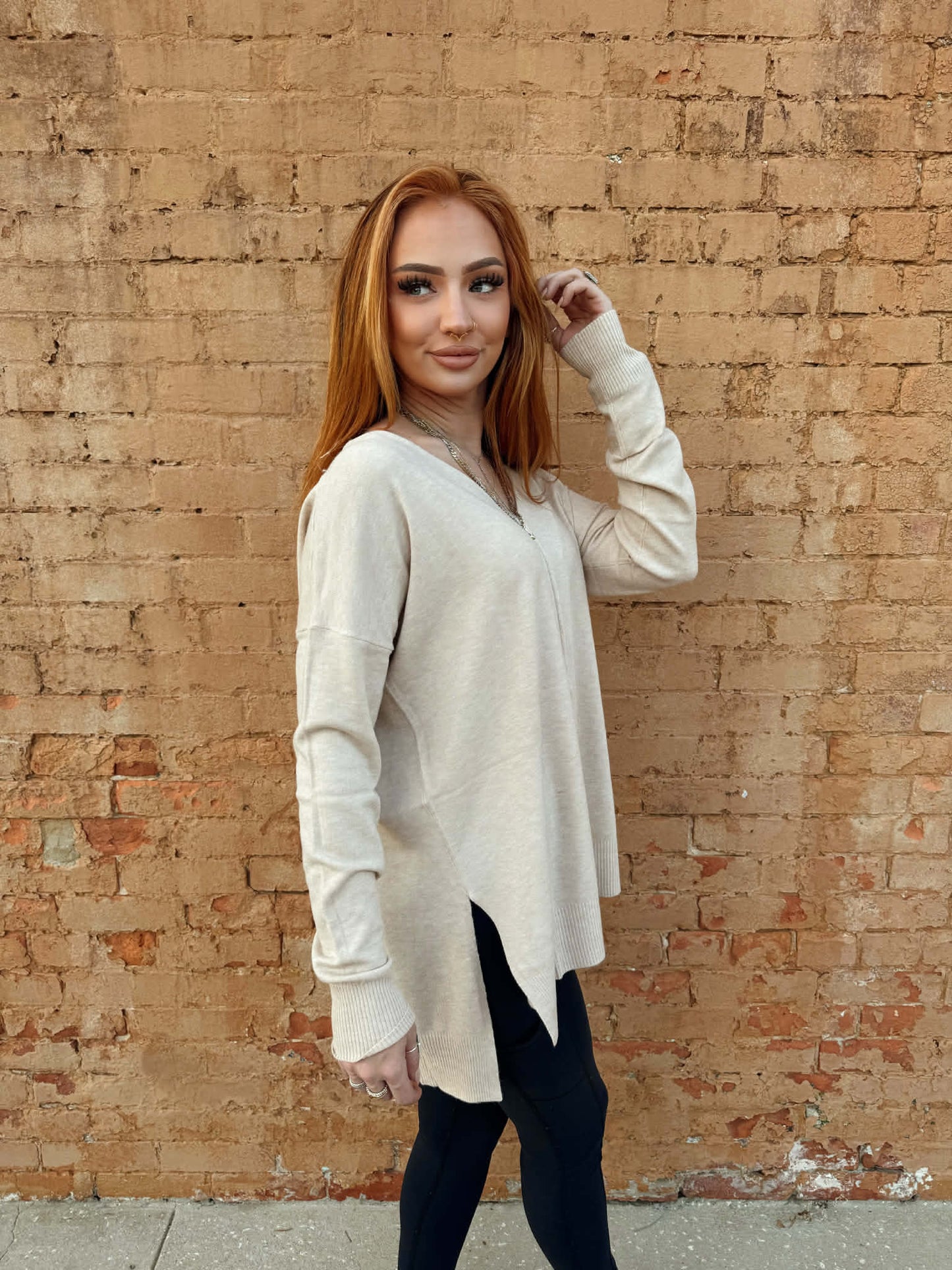 Hi-low Hem V-neck Center Seam Sweater - Beige *Door Buster*