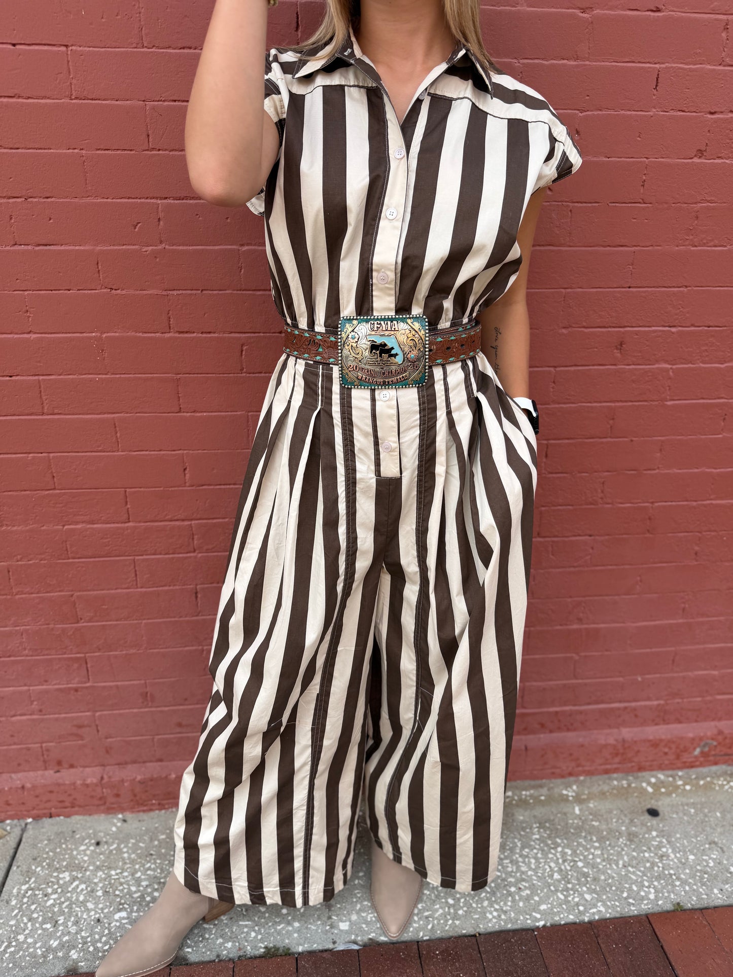Love on the Line – Ivory-Brown Stripe Jumpsuit