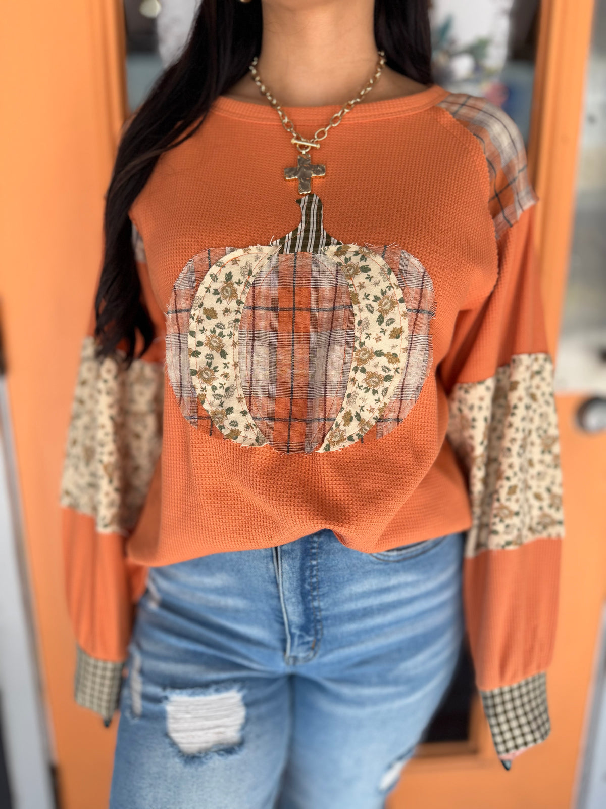 Patch Me in Pumpkins – Burnt Orange Thermal Top