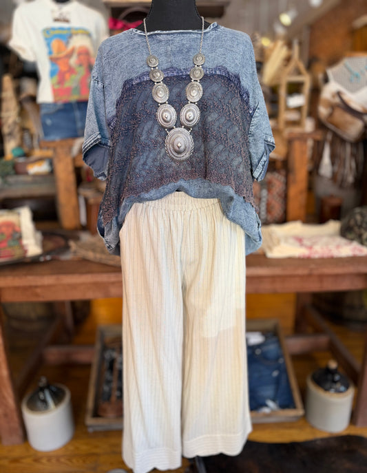Twilight Romance – Denim Embroidered Lace Top