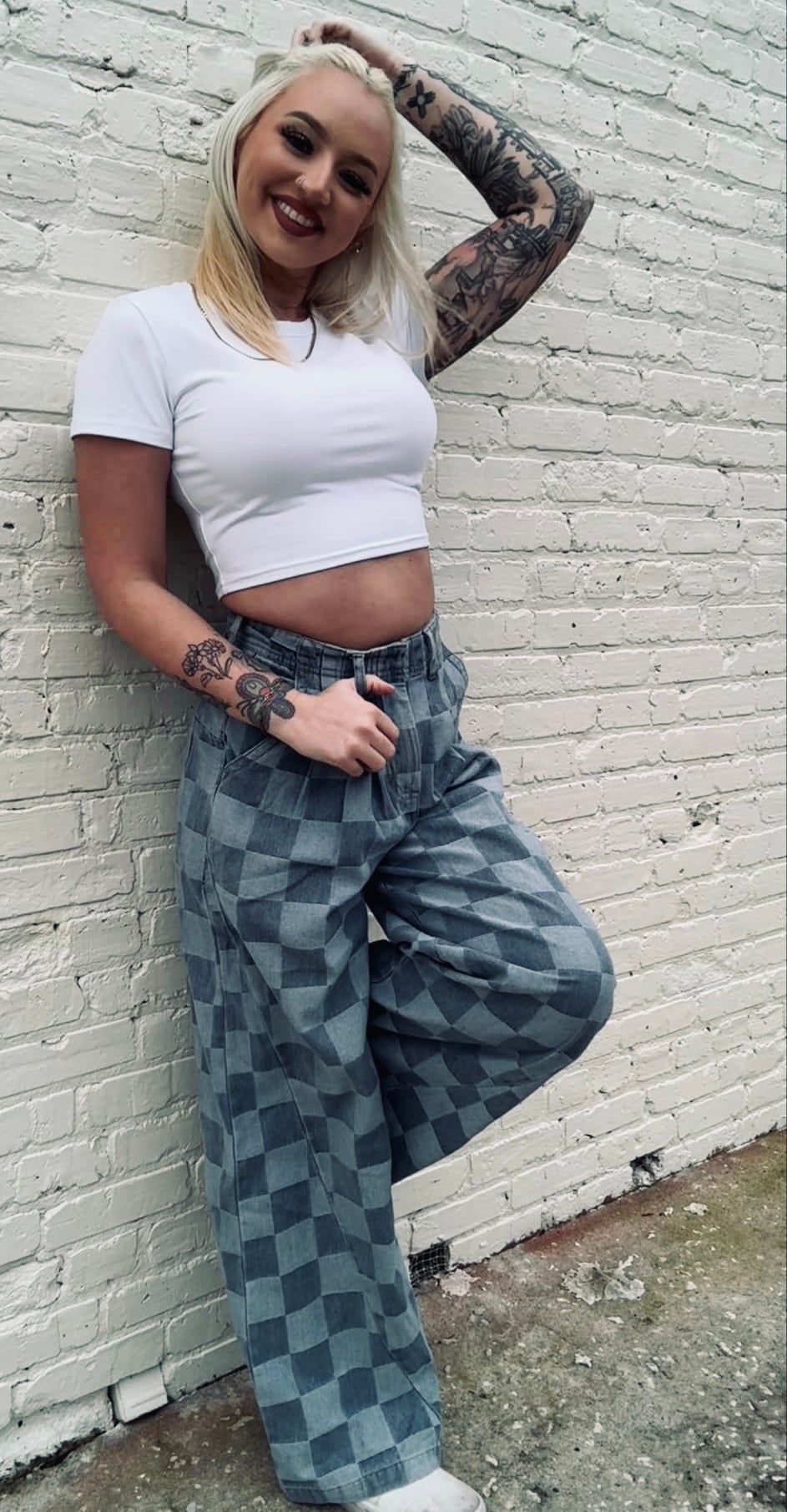 Checkered Denim Wide Leg Pants (As is)
