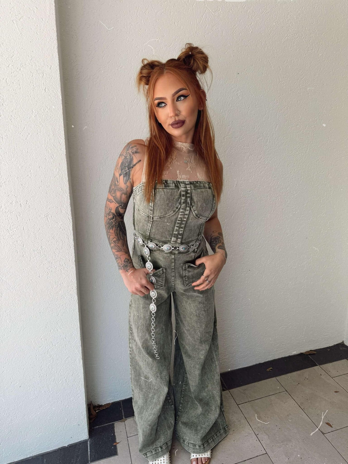 Rustic Charm - Olive Denim Jumpsuit