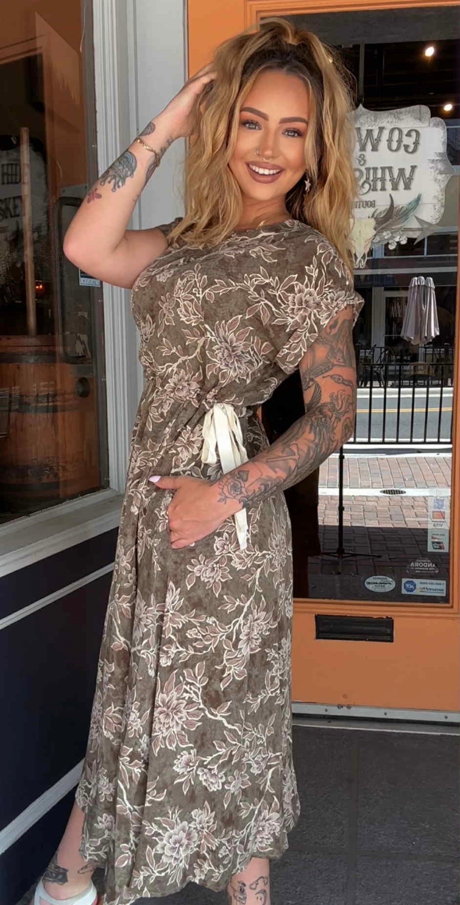 Tied in Bloom - Olive Midi Dress