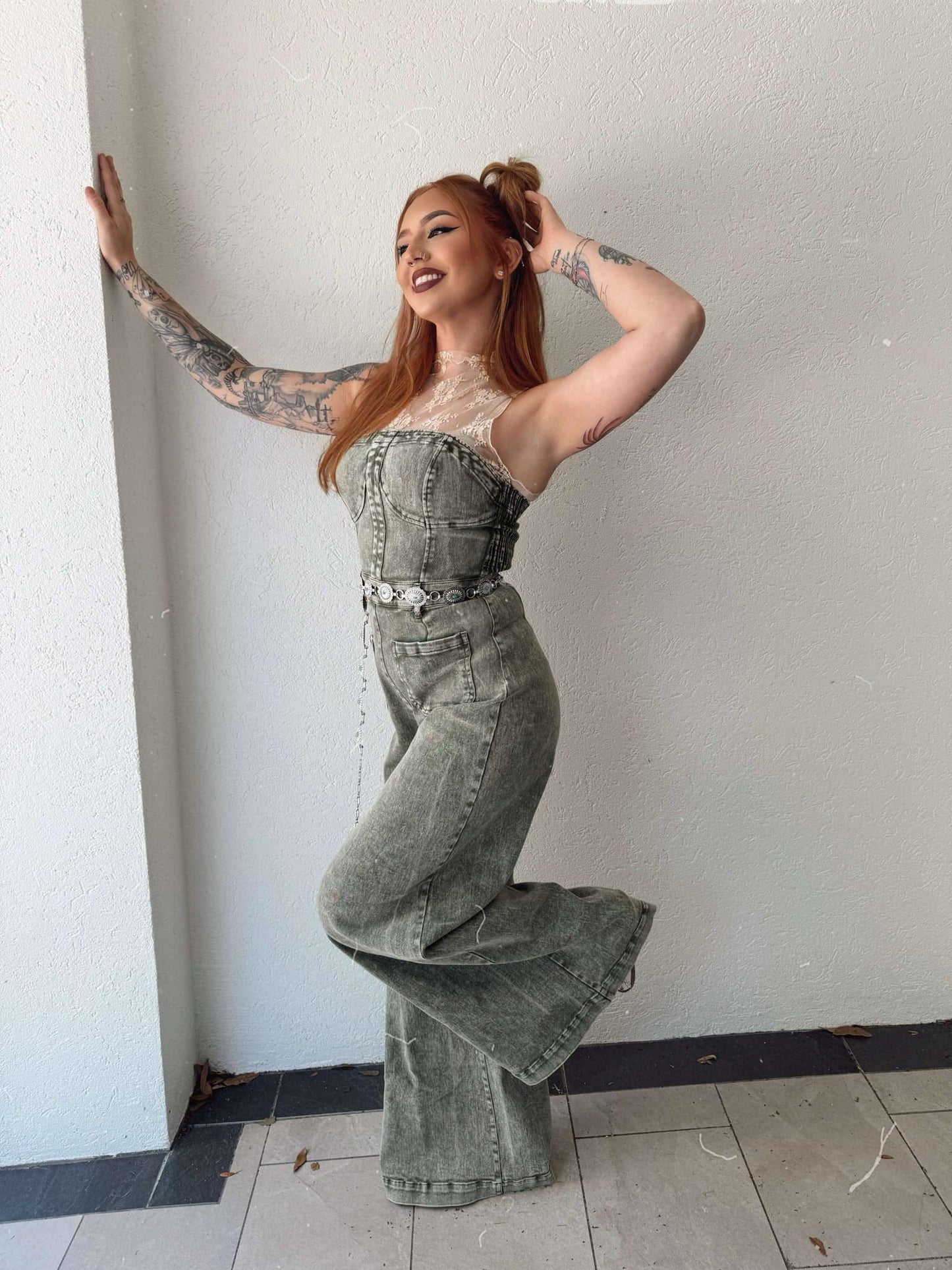 Rustic Charm - Olive Denim Jumpsuit