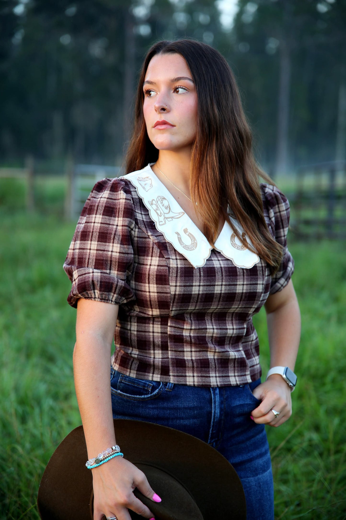 Rustic Saddle – Brown Plaid Peter Pan Collar Top