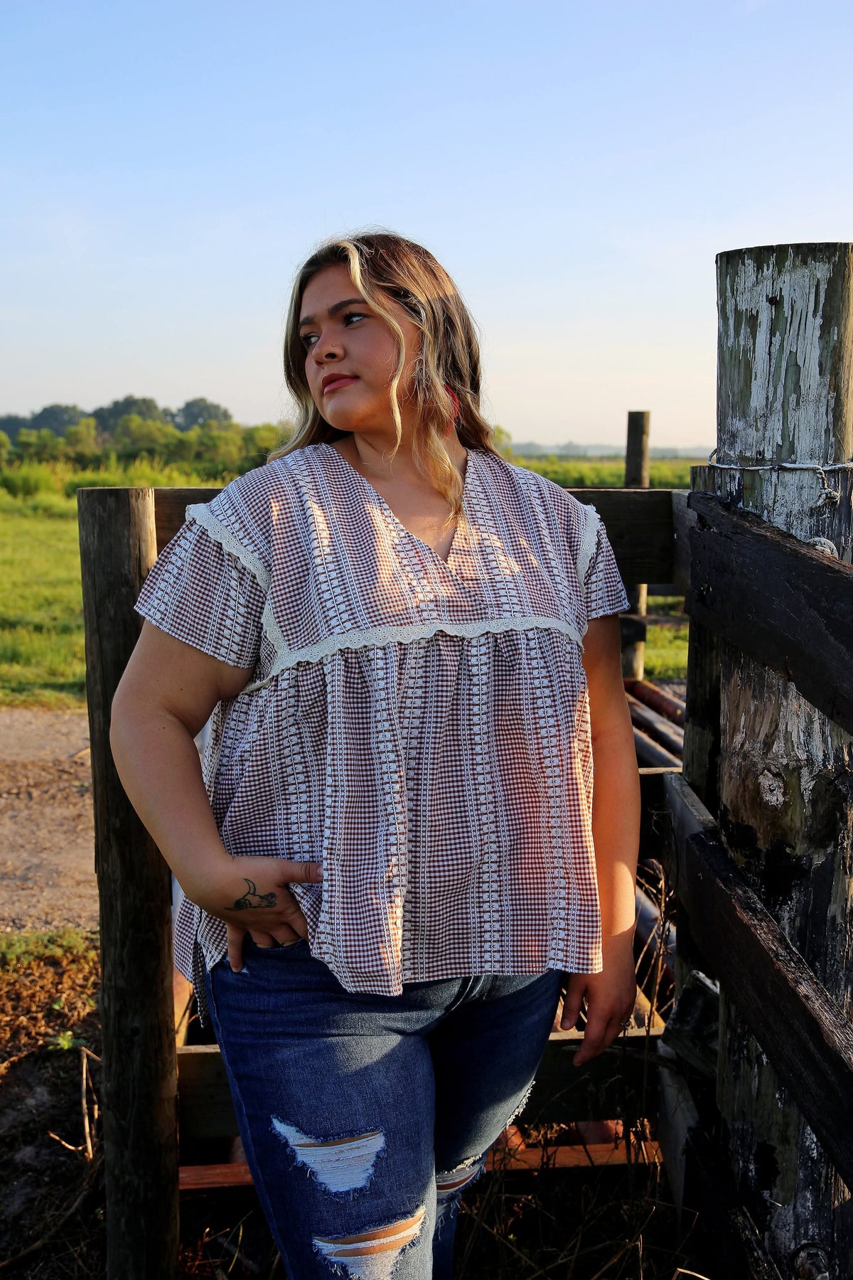 Chestnut Charm – Mocha Gingham Babydoll Top