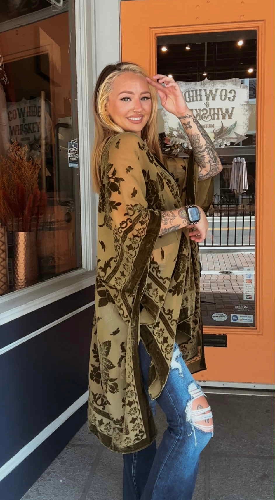 Velvet Antler - Burn Out Olive Kimono