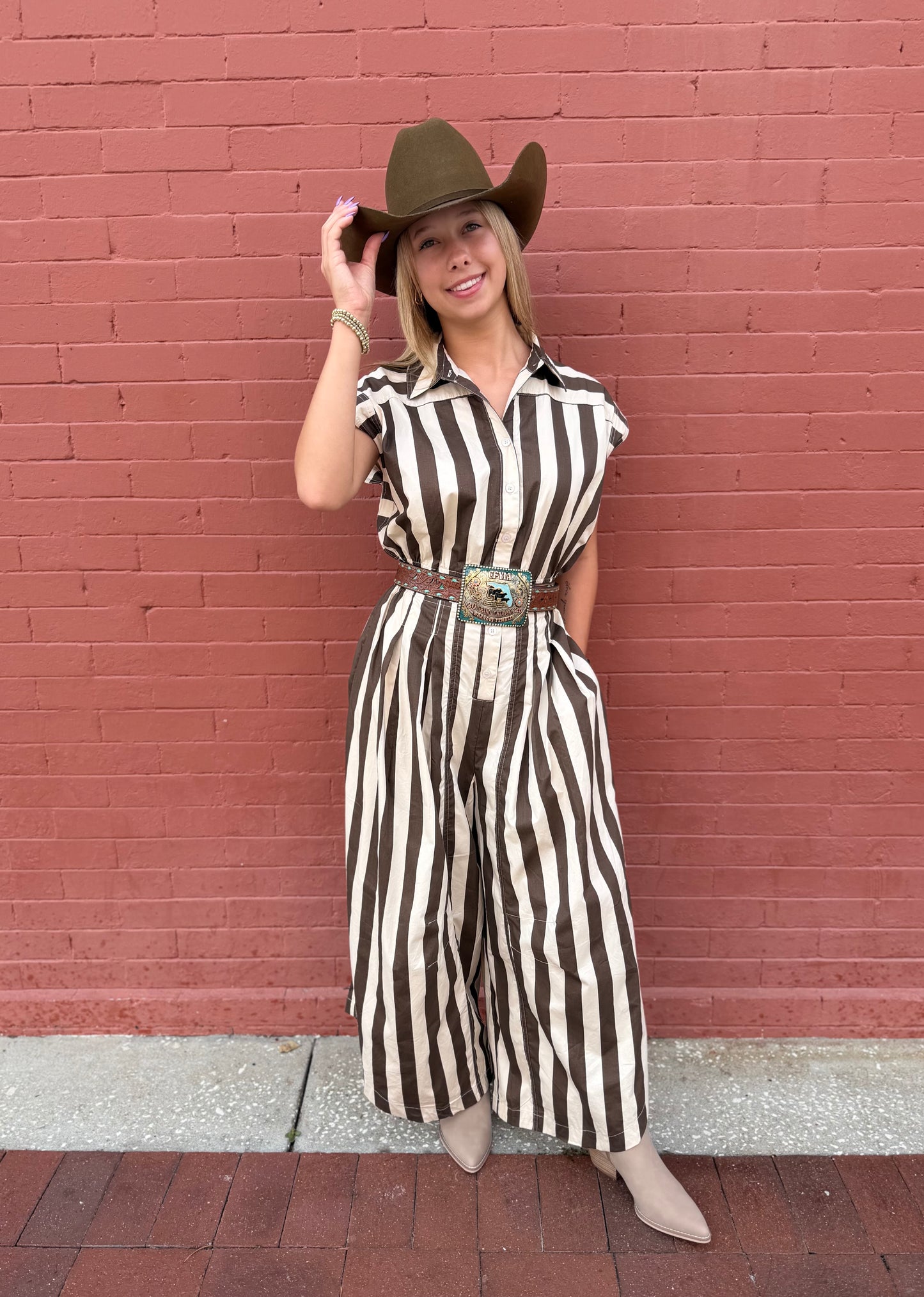 Love on the Line – Ivory-Brown Stripe Jumpsuit