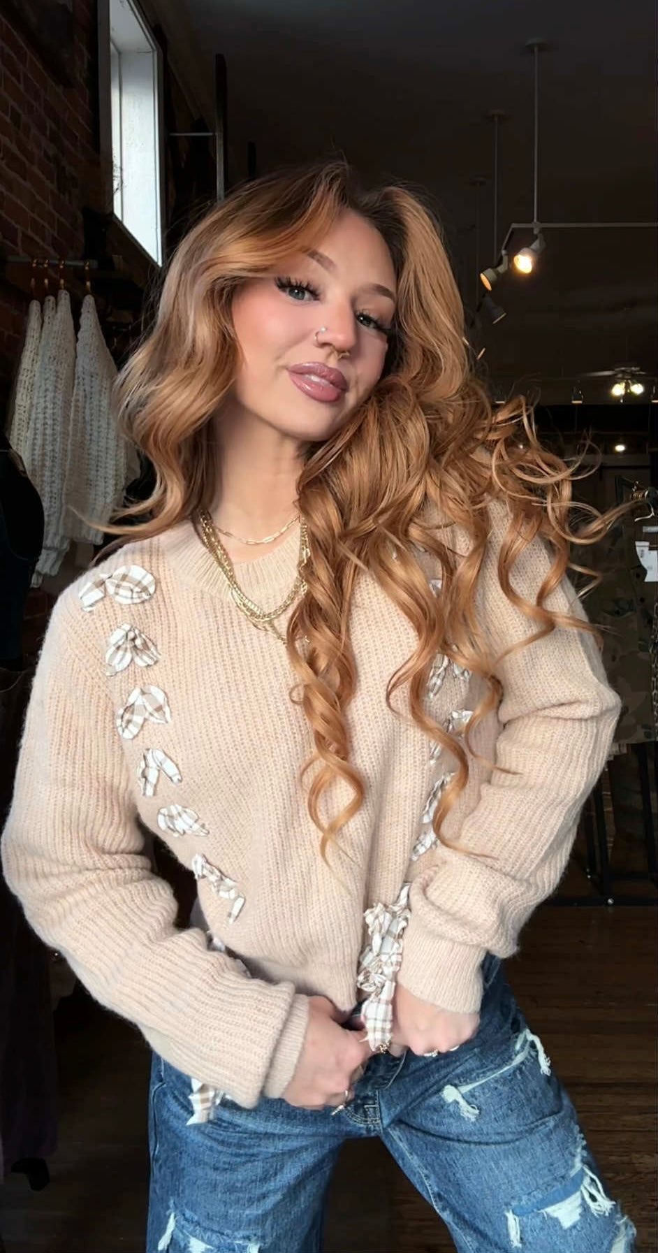 Cozy Lace Up - Tan Sweater Top