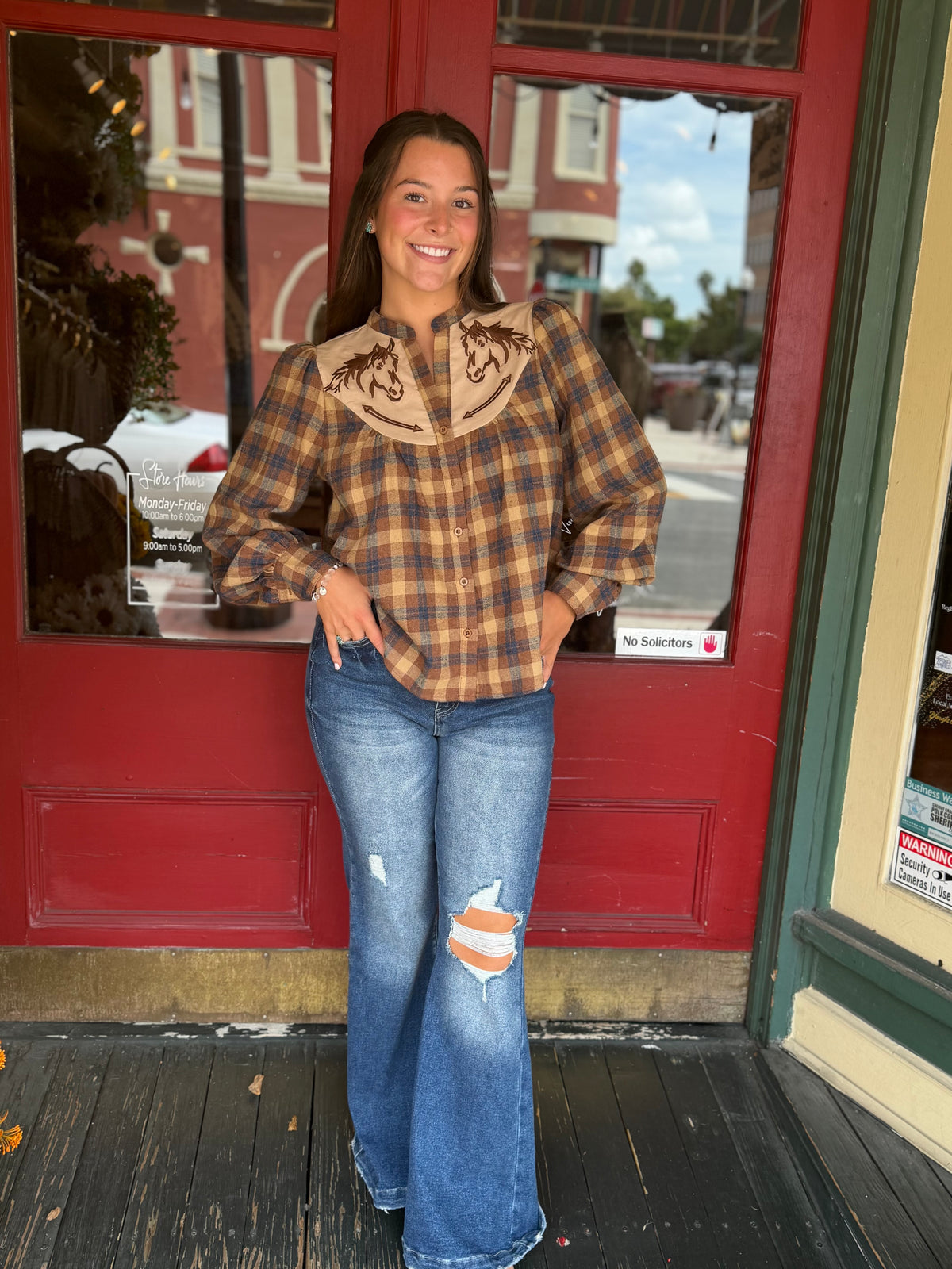 Ranch Reins – Embroidered Horse Plaid Top