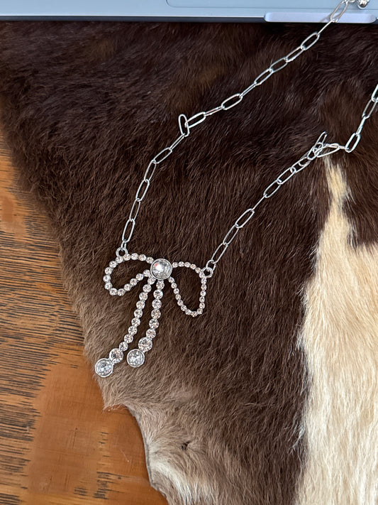 Rhinestone Drop Bow - Necklace