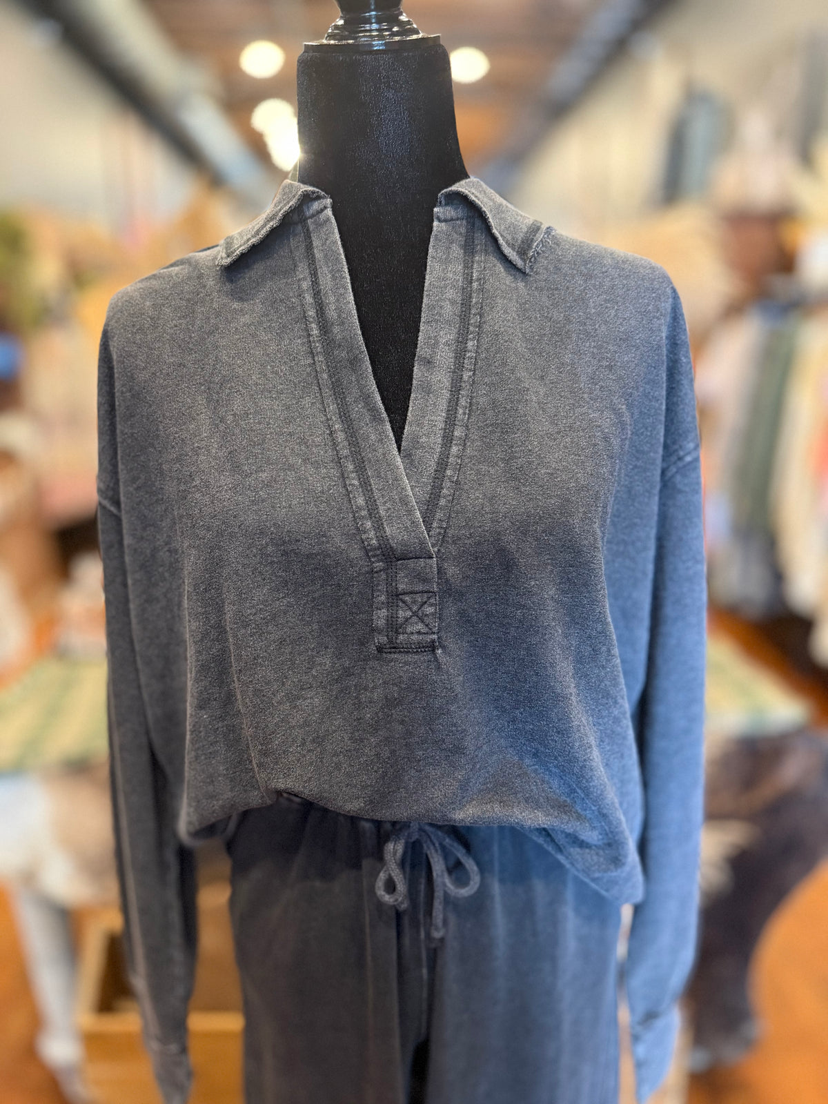 Smoky Mountain Cozy – Charcoal Mineral Wash Long Sleeve Top