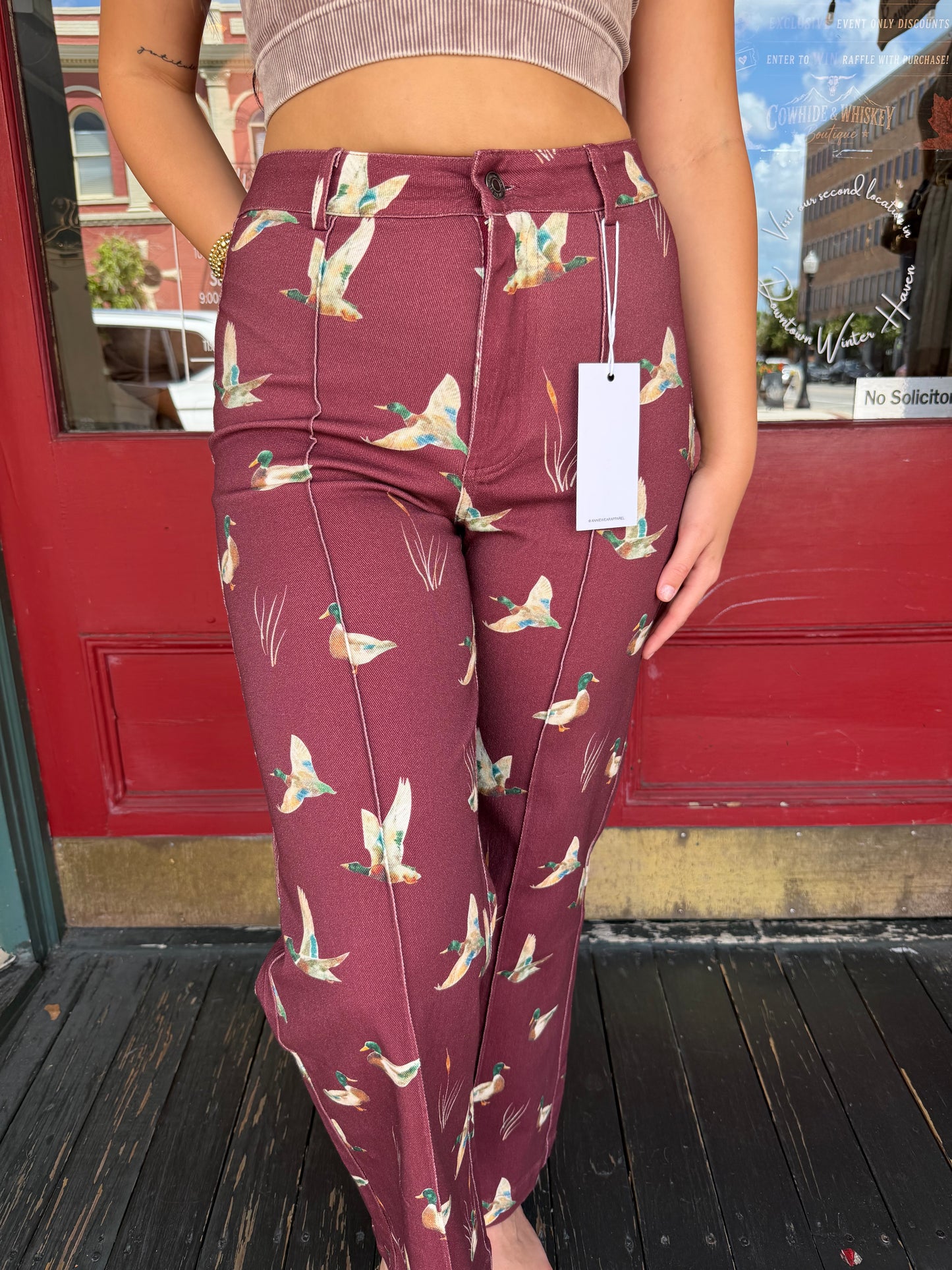 Feathered Creek – Burgundy Stretch Wide Leg Jeans