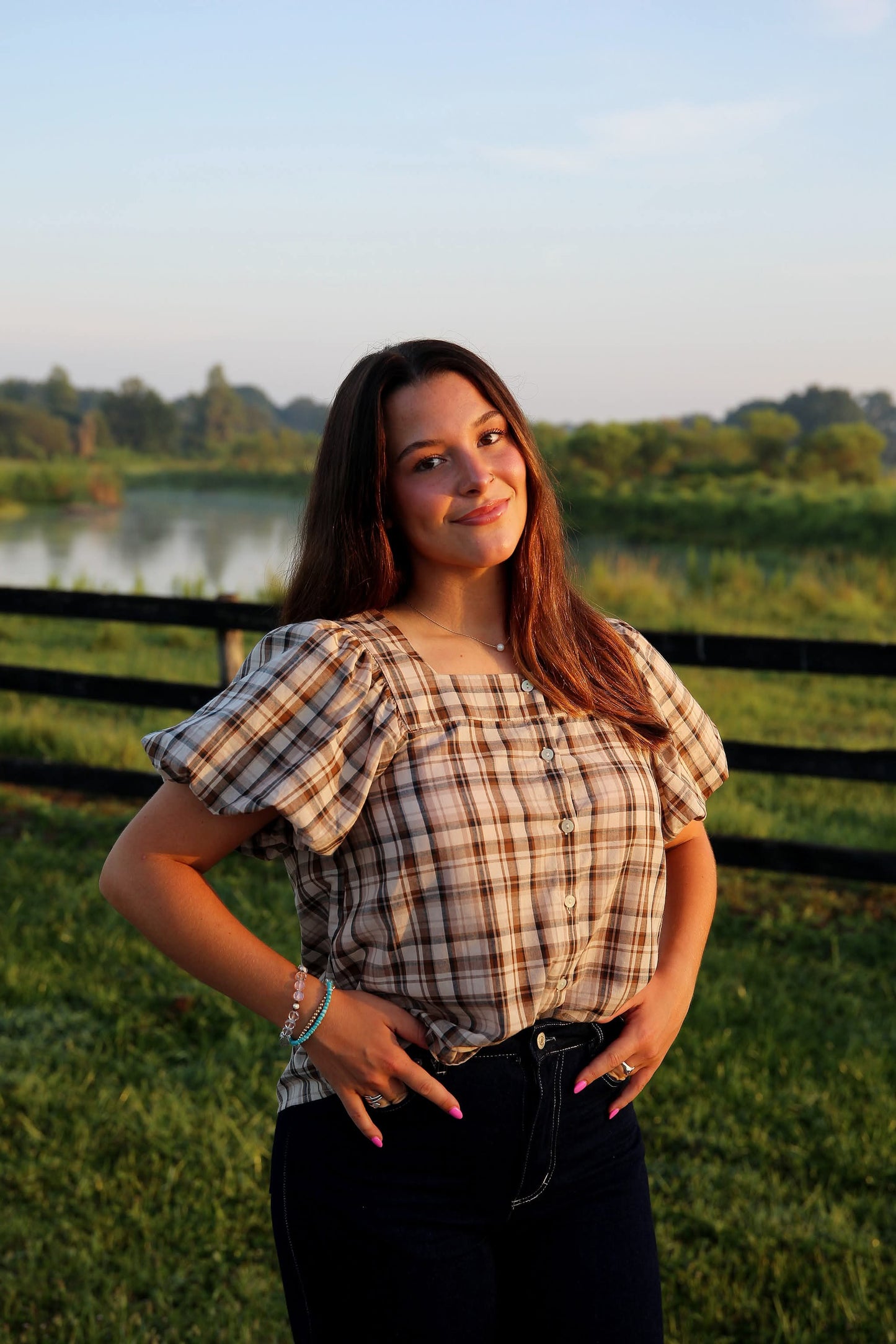 Tobacco Trail – Brown Plaid Bubble Sleeve Blouse
