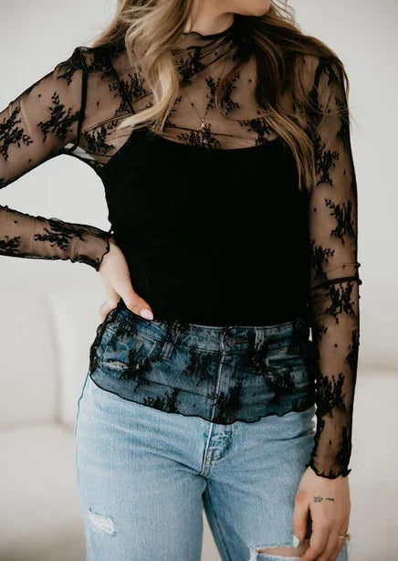 Flying Floral - Black Mesh Top