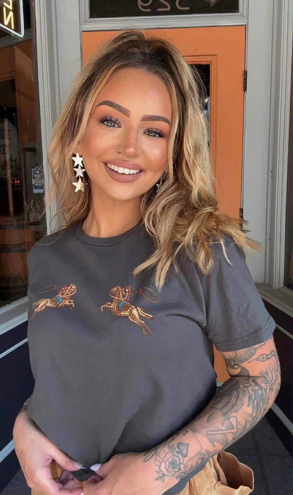 Cowgirl's Dual - Charcoal Graphic Crop Top