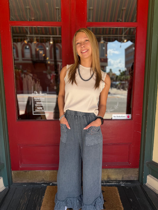 Navy Willow Lace – Mineral Wash Capris