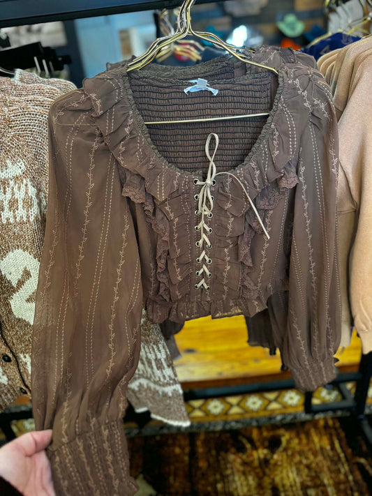 Willowette - Brown Lace Up Top
