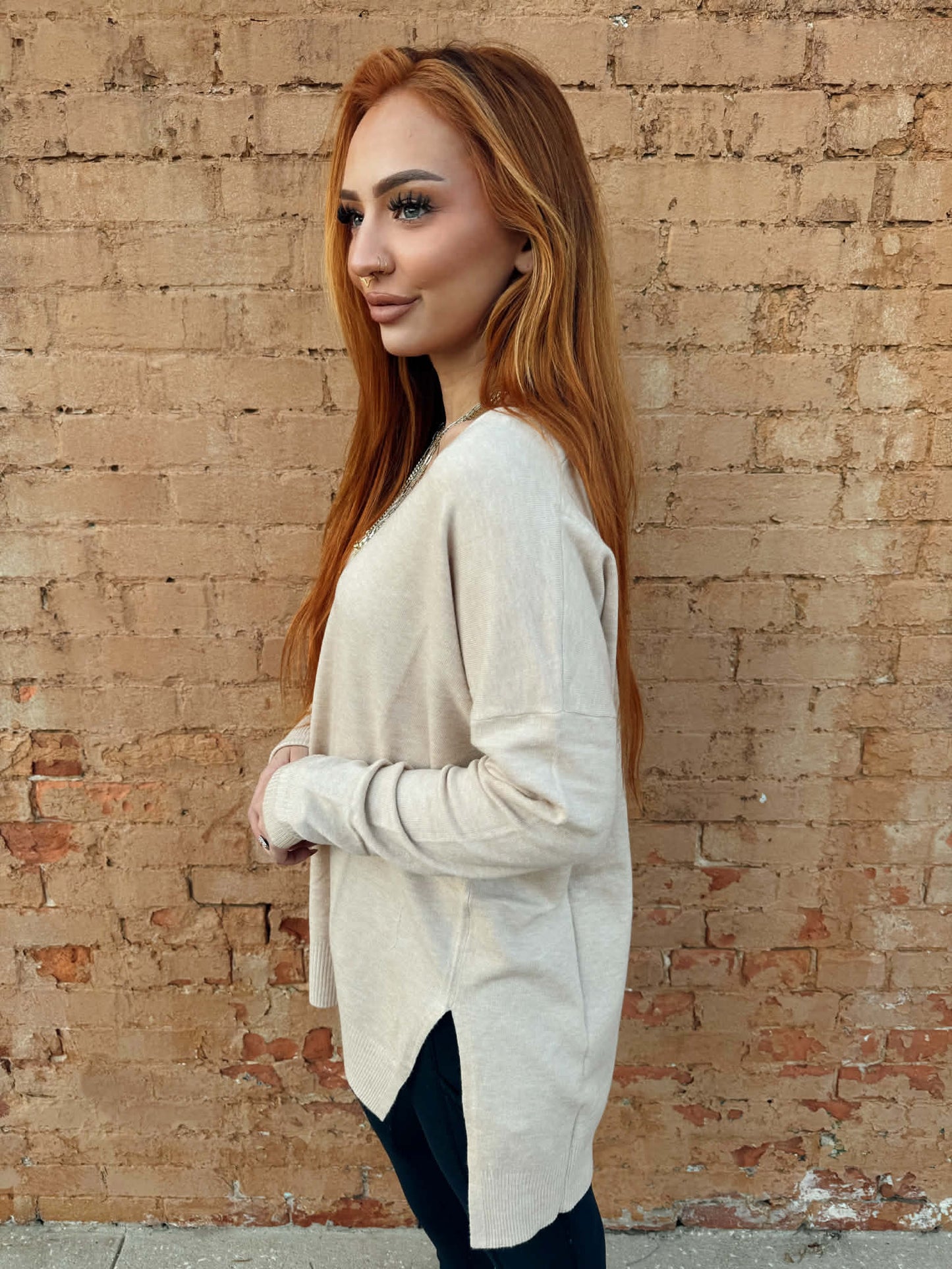 Hi-low Hem V-neck Center Seam Sweater - Beige *Door Buster*
