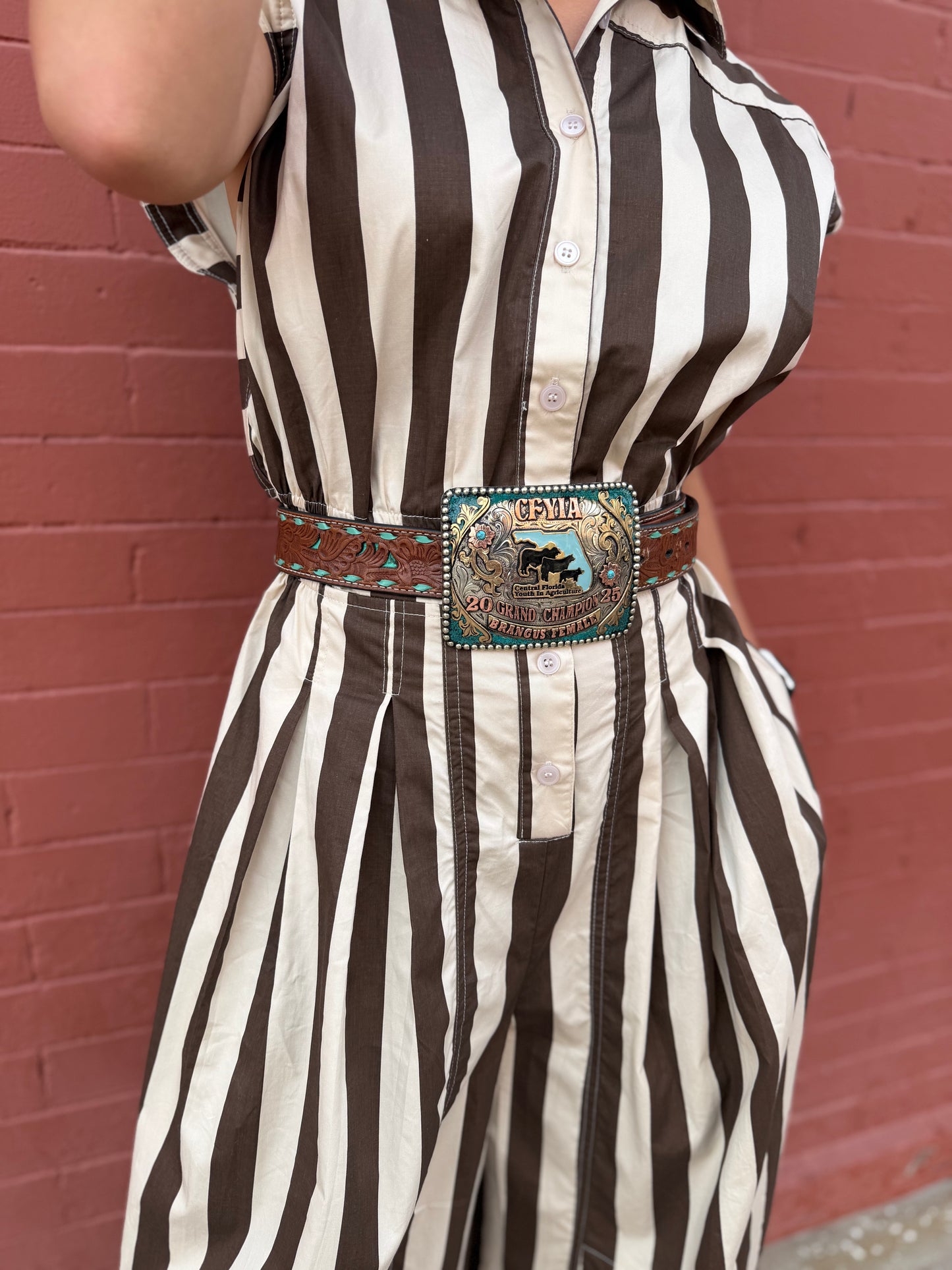 Love on the Line – Ivory-Brown Stripe Jumpsuit