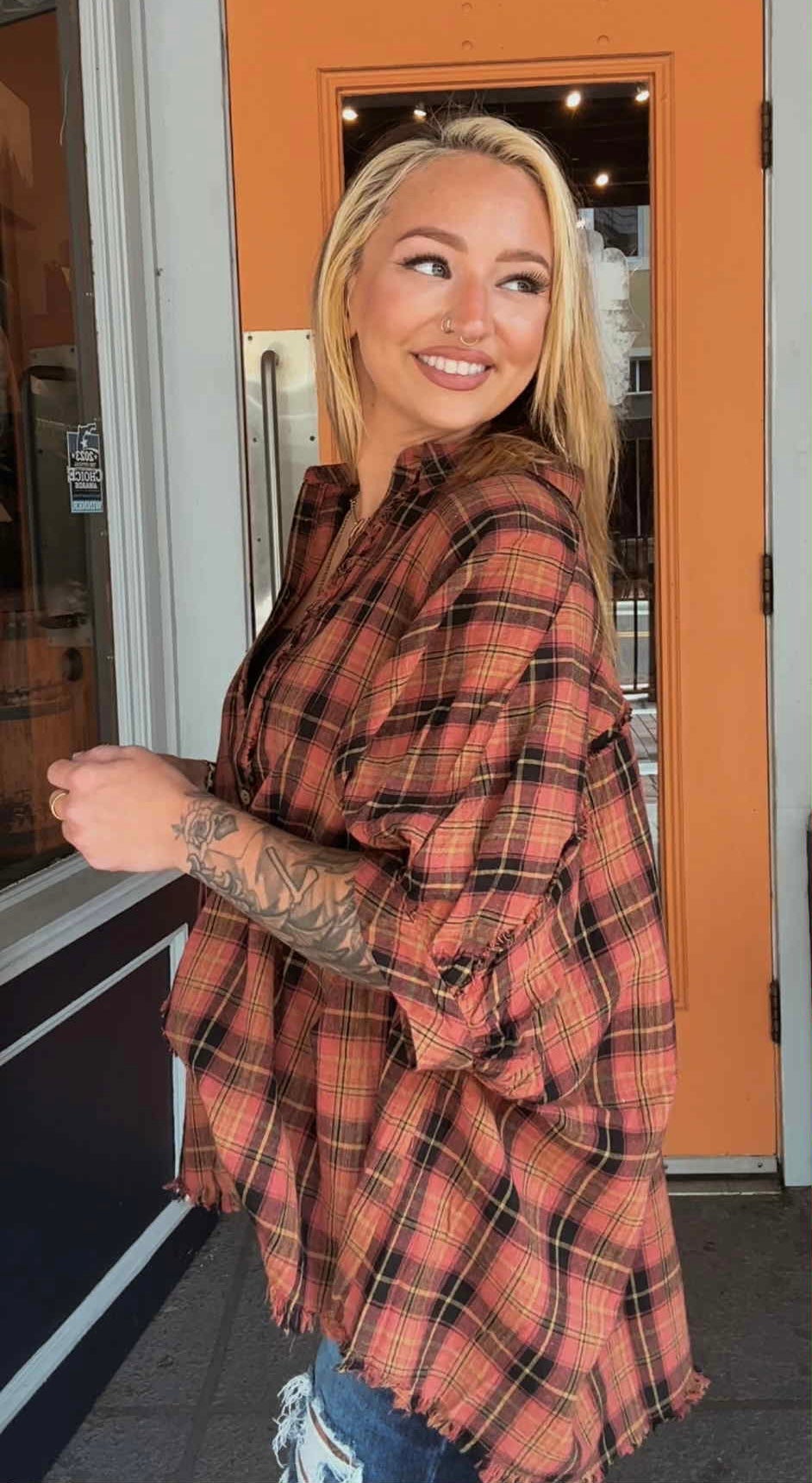 Carmel Apple - Dark Rose Dolman Flannel Top