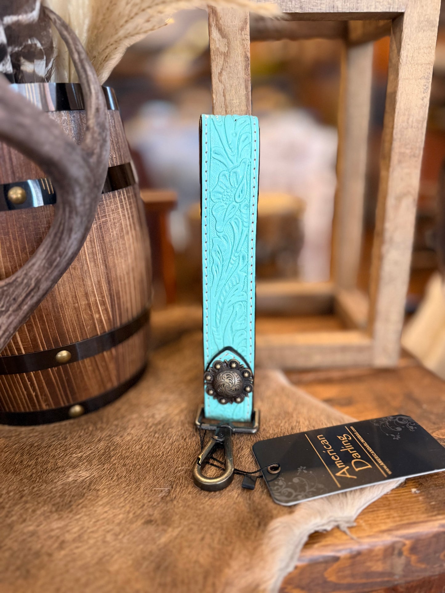 Tooled Leather - Turquoise Wristlet Key Ring