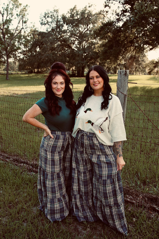 Homestead Harvest – Navy Tiered Plaid Pants