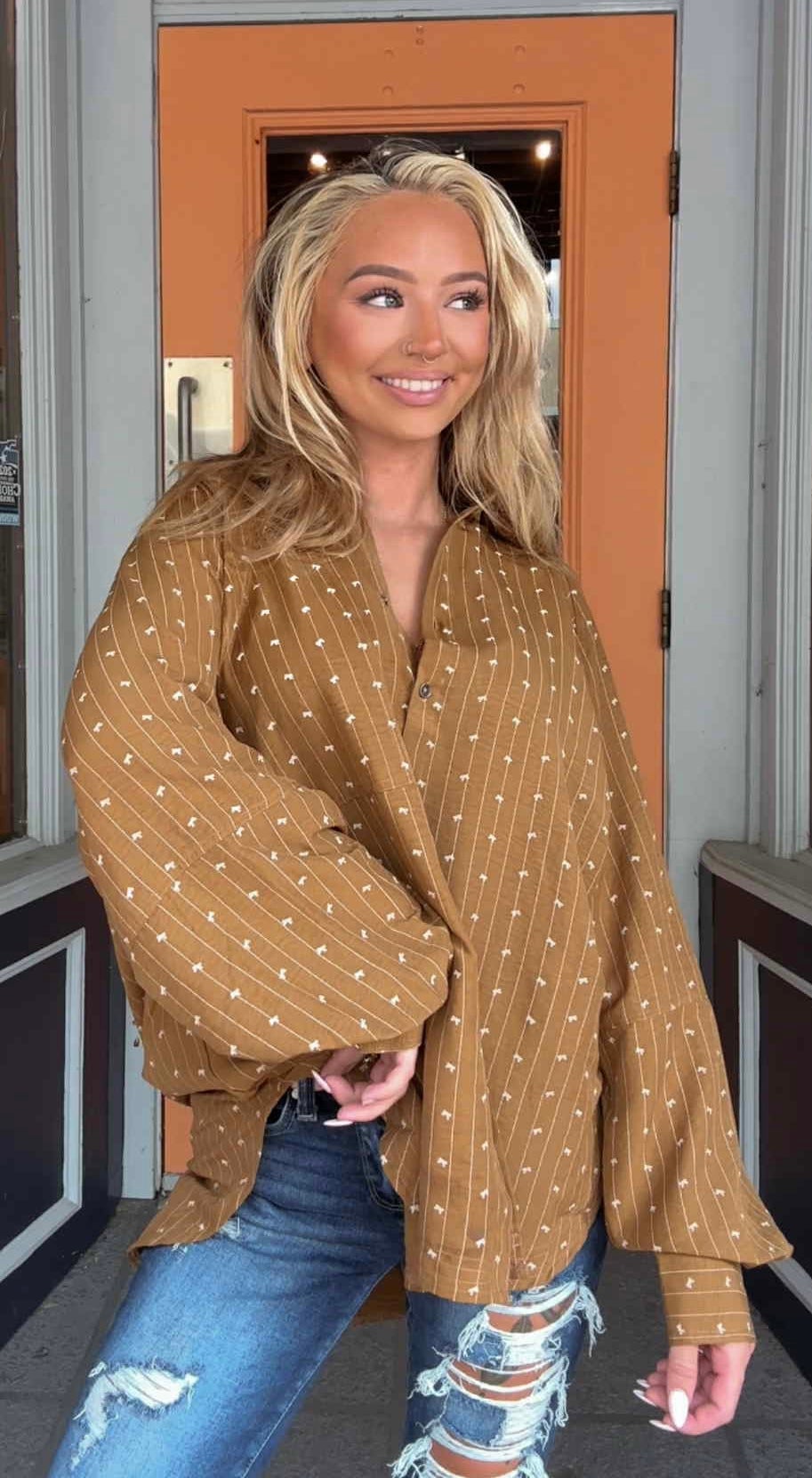 Bourbon & Bows - Camel Button Top