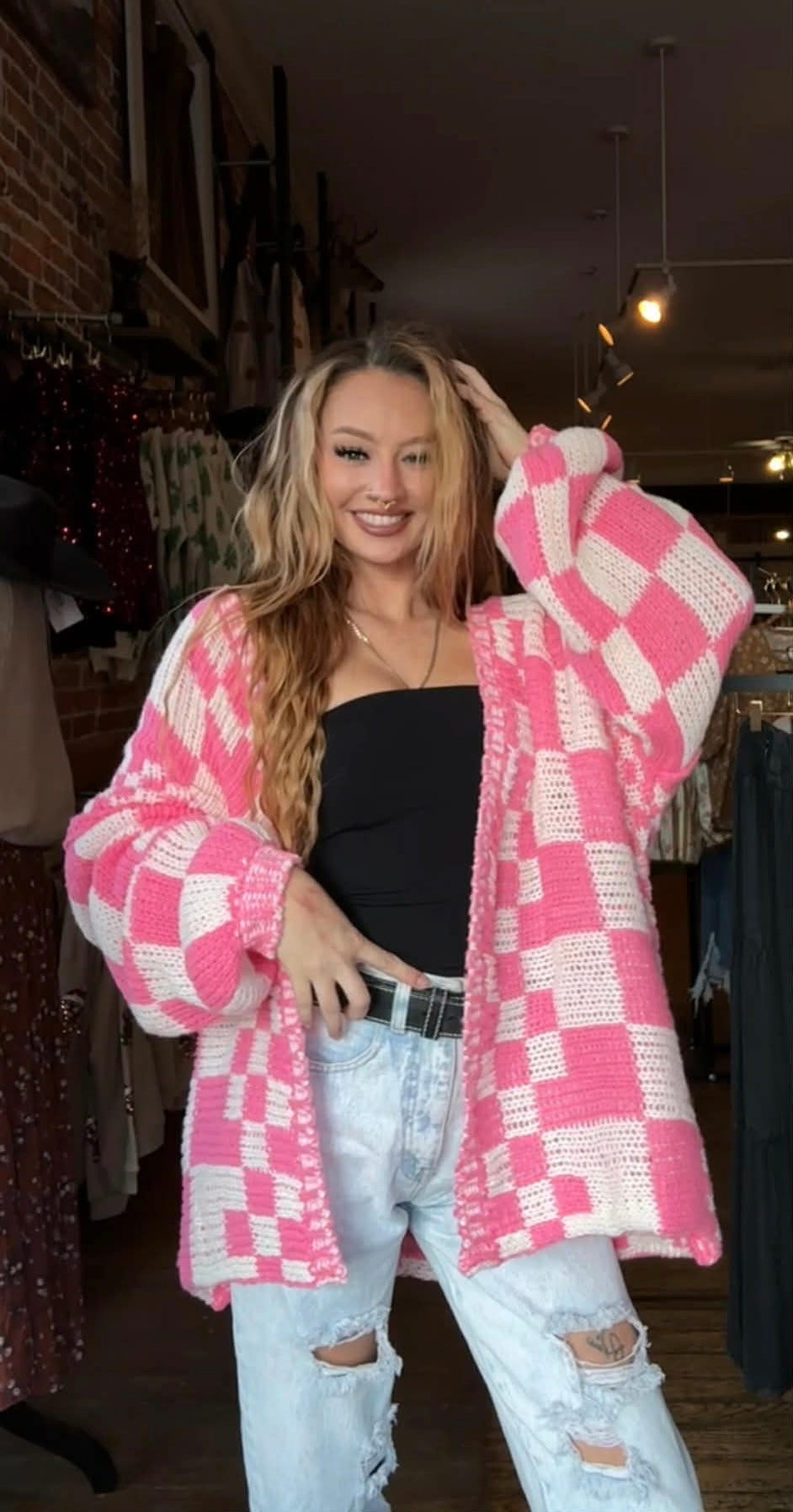 Bubblegum Barn Knit - Pink Checkered Cardigan