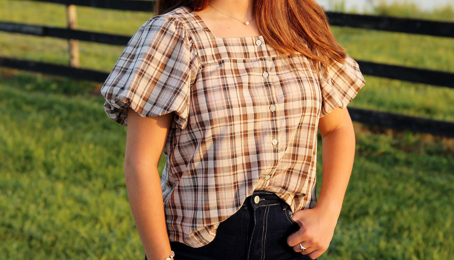 Tobacco Trail – Brown Plaid Bubble Sleeve Blouse