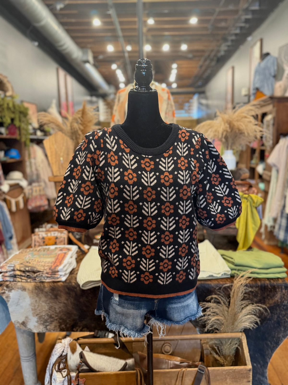 Harvest Floral – Black Floral Puff Sleeve Sweater