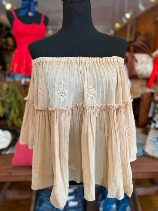 Timeless Wheatfield – Almond Embroidered Top