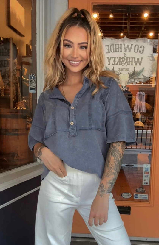 Moonshine Sky - Lt Navy Henley Top