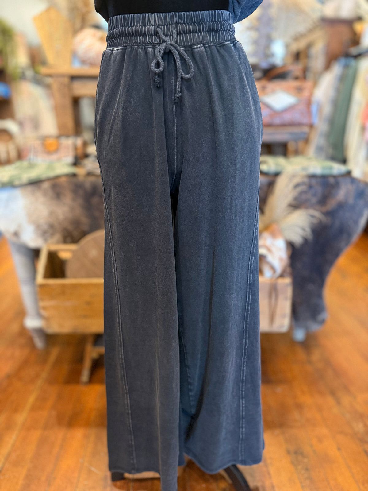Smoky Mountain Cozy – Charcoal Mineral Wash Wide Leg Pants