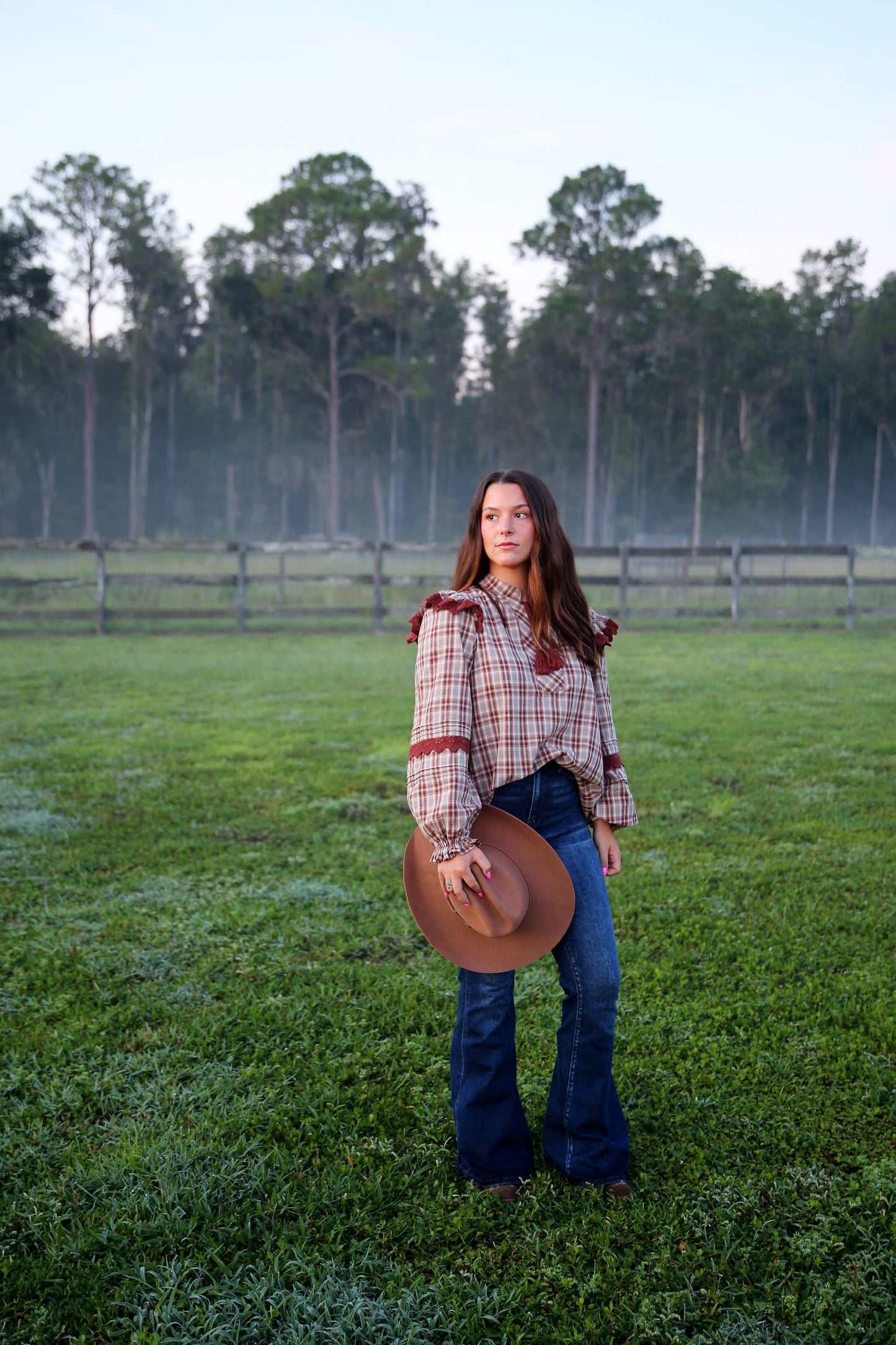 Cranberry Season – Brick Plaid Top