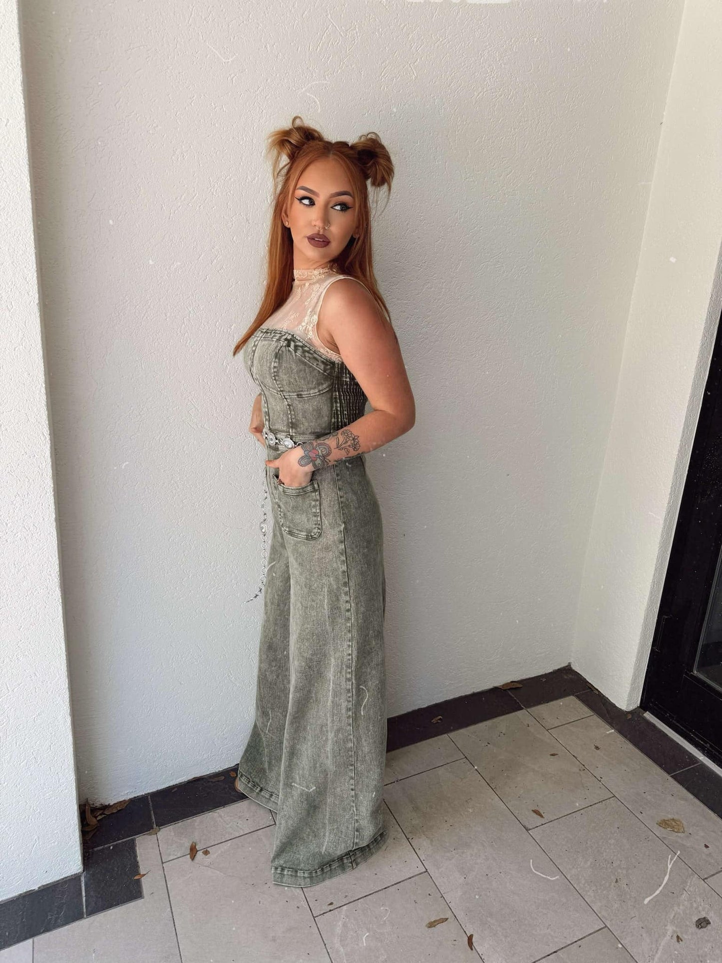 Rustic Charm - Olive Denim Jumpsuit