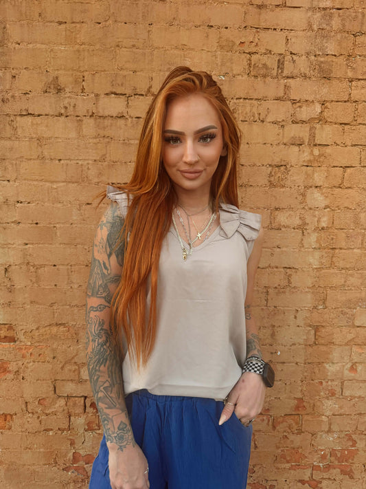 Ruffle Trim Tank - Ash Mocha *Door Buster*