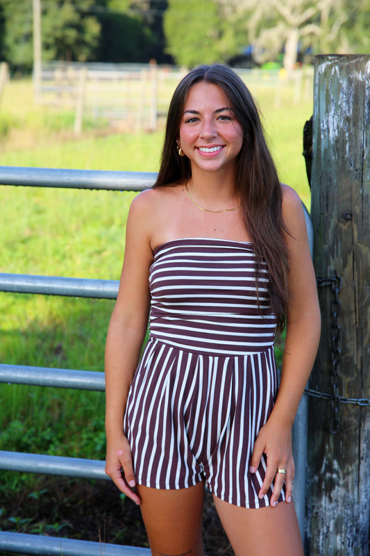 Falling in Love – Brown Stripe Tube Top Romper