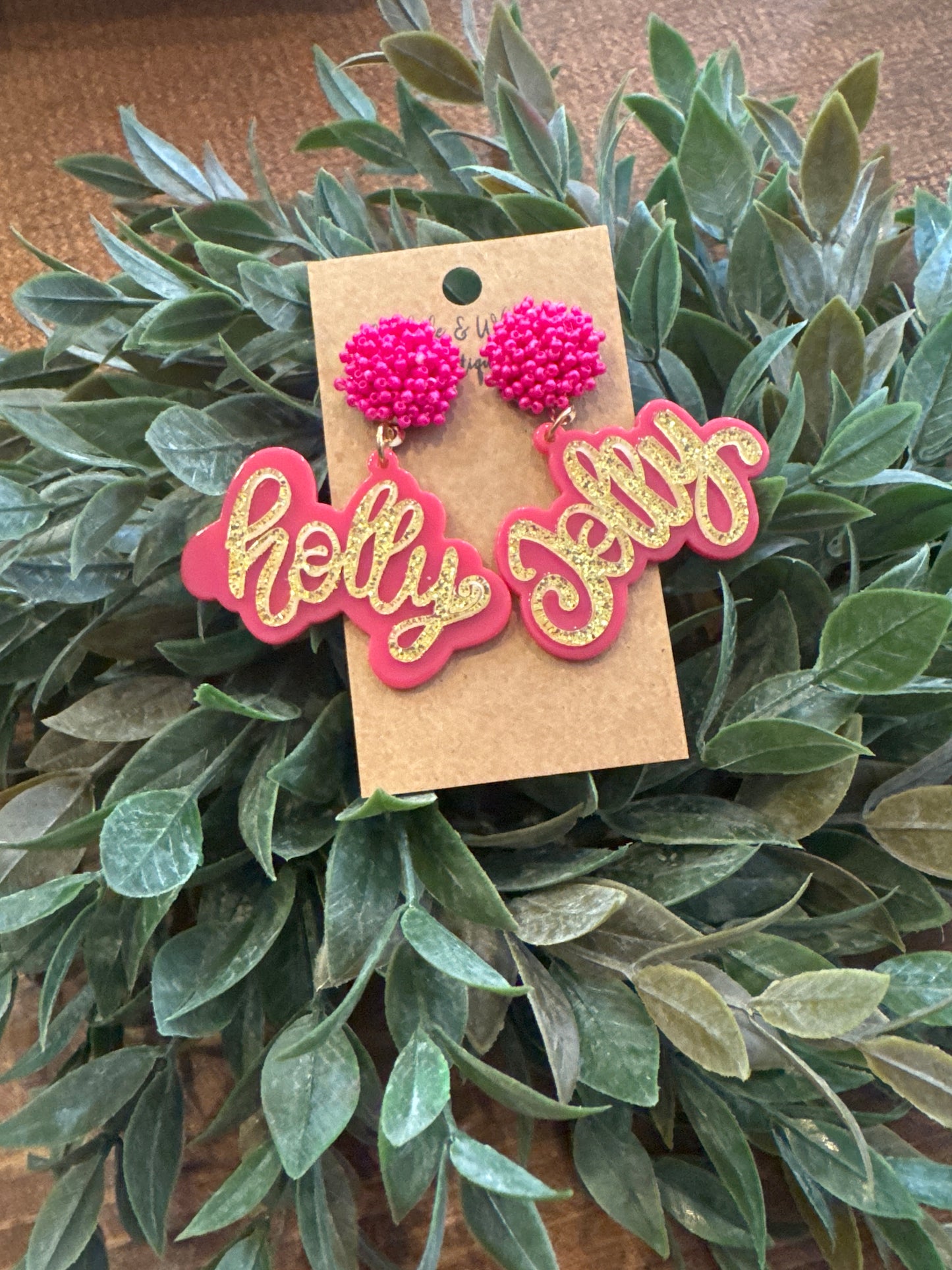Pink Script Holly Jolly - Earrings