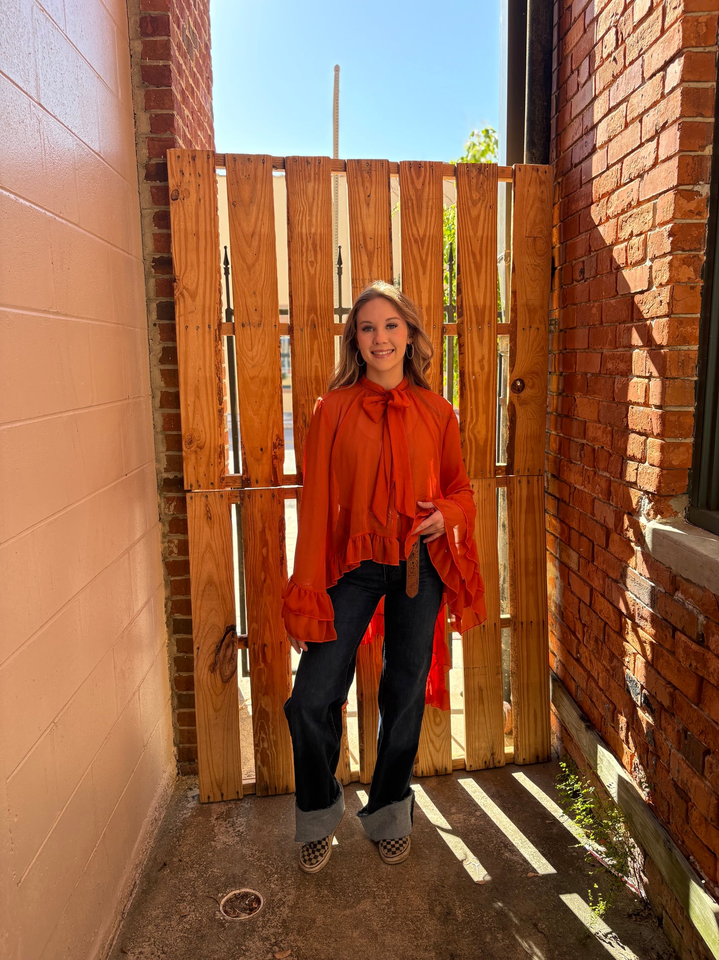 Dust & Grace- Rust Tie-Neck Blouse