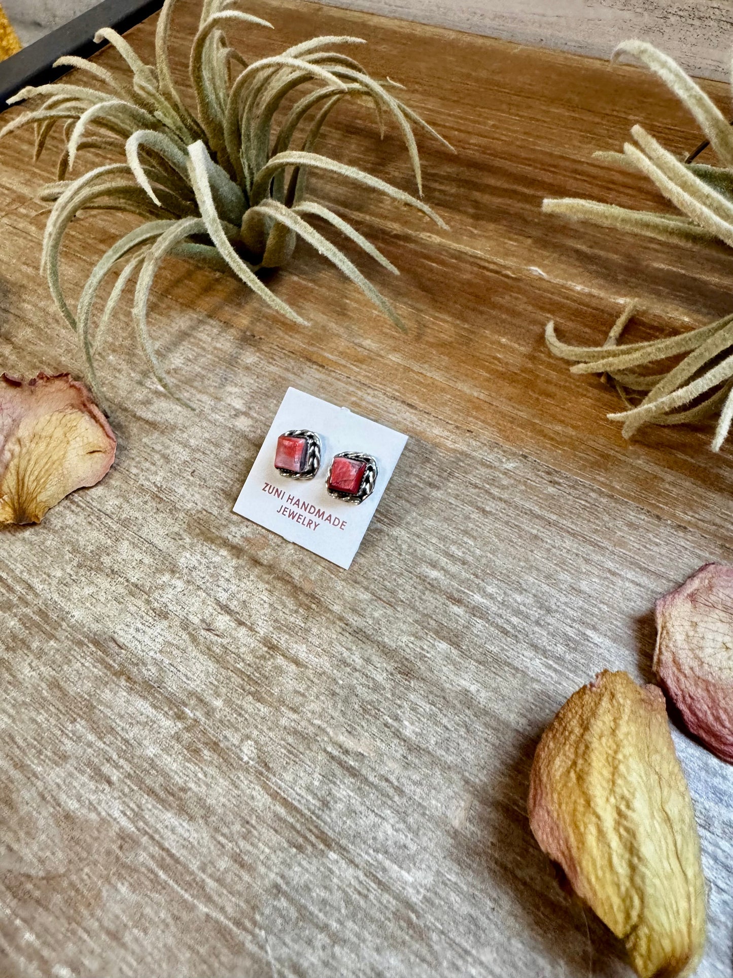 Mini Square Spiny Oyster Stud Earrings – Zuni Handmade, Sterling Silver