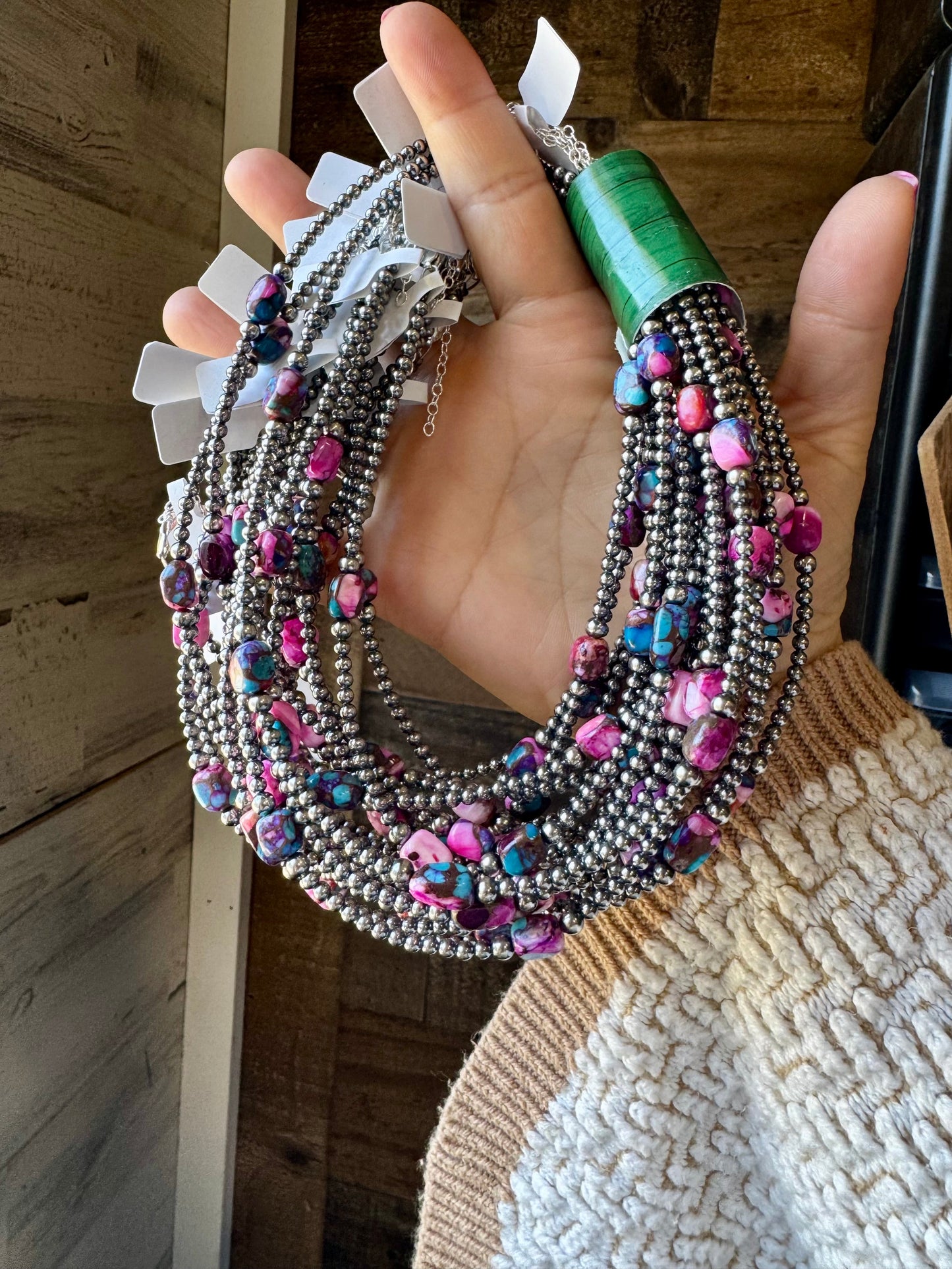 5 Pink dye Turquoise Choker and Sterling Silver Pearls